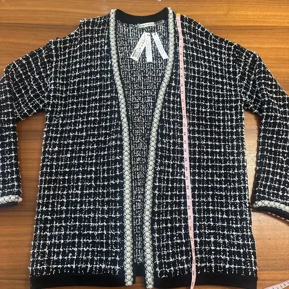 Alice + Olivia Bradford Beaded Open Front Cardigan, Tweed Embellished, Large NWT